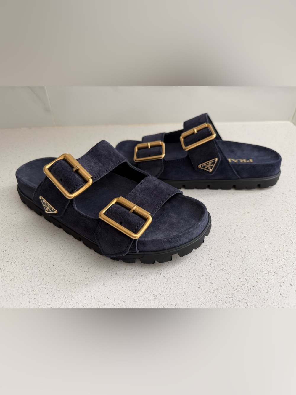 Prada Buckle Blue Suede Sandals/Slides Size EU 38 US 8 - Picture 3 of 5